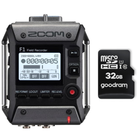 Zoom F1 - dwukanałowy rejestrator audio z mocowaniem do paska BCF-1 (24bit, 96kHz) + karta pamięci Goodram microSD 32GB